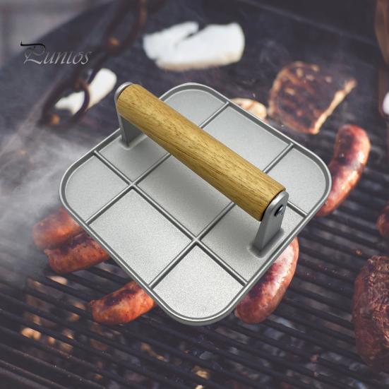 Meat Press Heat-resistant Ergonomic Wooden Handle Food-grade Cast Iron Round Burger Press Kitchen Tool Meat Press Plate