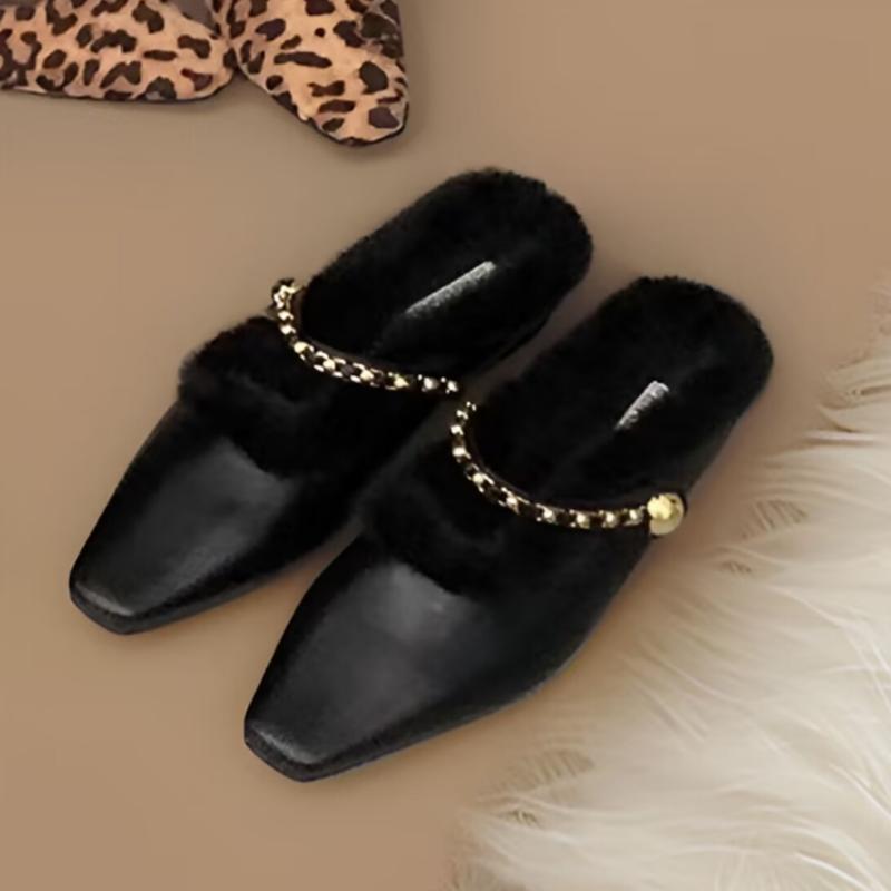 

Леопардовые женские туфли на плоской подошве с мехом, повседневные шлепанцы, зимние мюли, модная обувь 2025 года, короткие туфли на каблуке из плюша, женские туфли на каблуке 35
