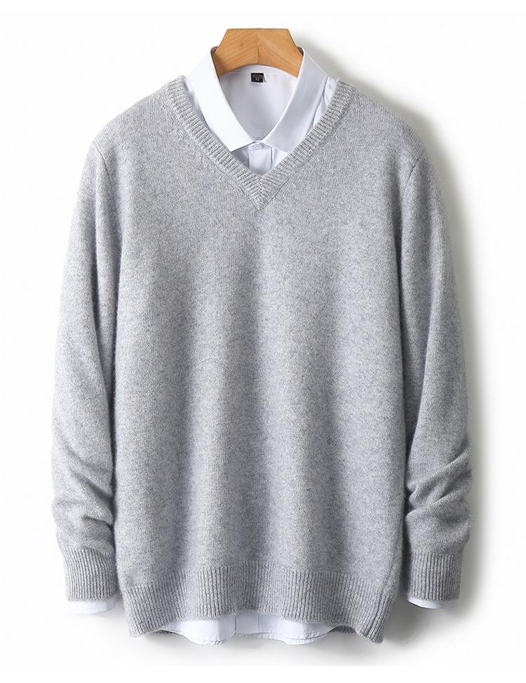 Men's 100% Wool V-Neck Sweater - Solid Color, Loose Fit, Long Sleeve Knitwear