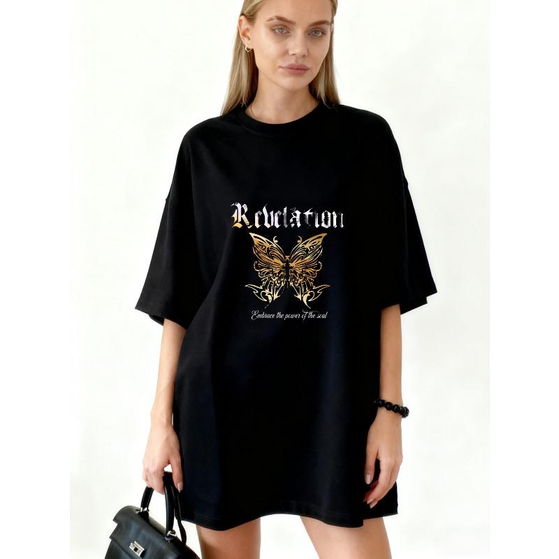 

Oversized T Shirt Black Revelation Butterfly Graphic And Text Print Casual Streetwear For Women XXXXL