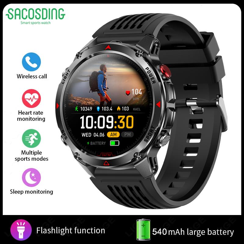 SACOSDING Military Outdoor Sports GPS Smartwatch LED Flashlight 540mAh Battery IP68 Waterproof Compass Bluetooth Call For Xiaomi