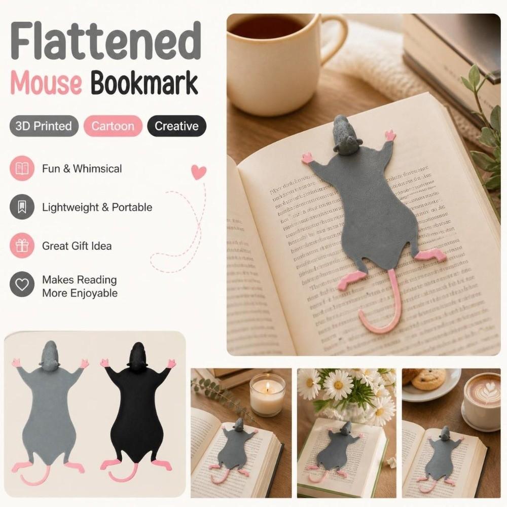 3D Printed Flattened Mouse Bookmark Cartoon Book Page Marker for Book Lovers