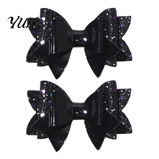 Fashion Hair Accessories Double Layered Glitter Bow Clip for Girls, Artificial Leather Barrettes, Party Non Slip Children Daily Wear & Kids