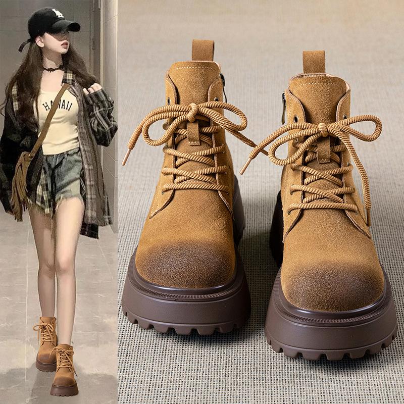 Fashion thick-soled heightening Martin boots women's 2025 autumn new retro thin polished short boots lace-up rhubarb boots