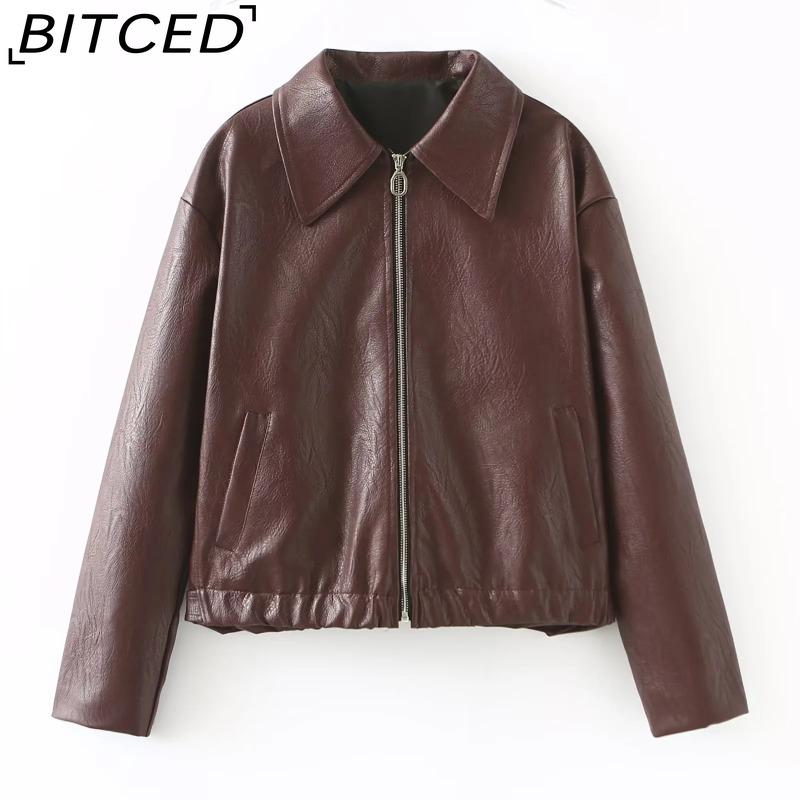 BITCED Women's Leather Jacket Leather Coat Casual Lapel Retro-inspired Loose-fit Top
