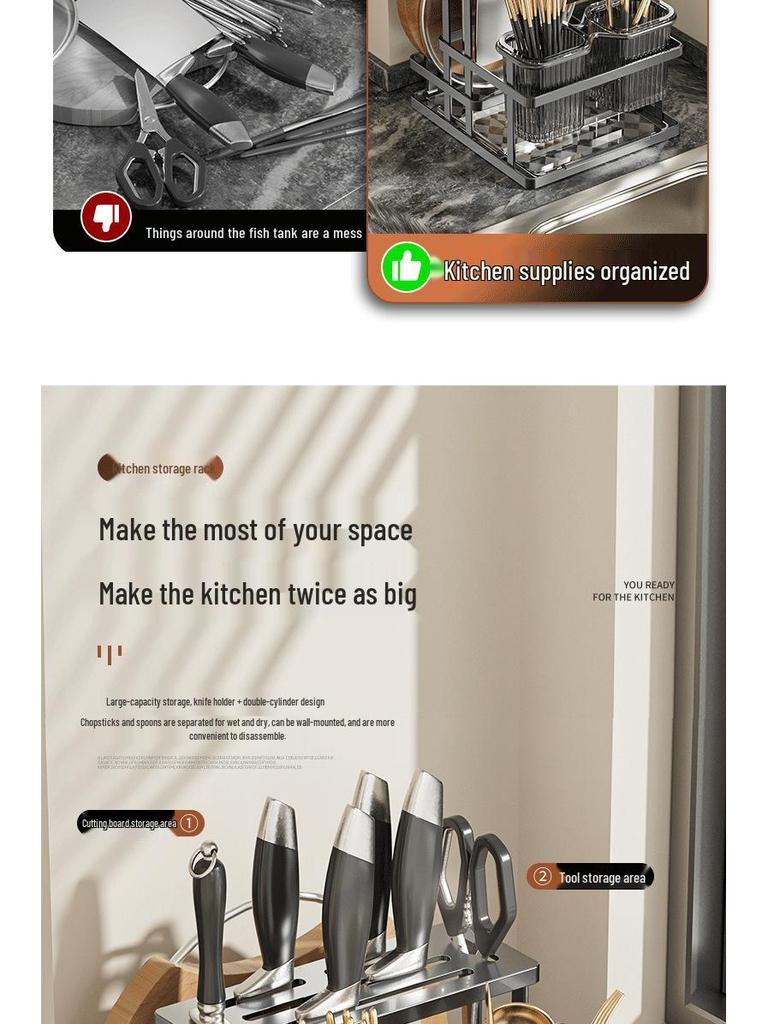 Wall-Mounted Multifunctional Cutlery Rack: Integrated Chopstick Holder & Knife Organizer with Drainer