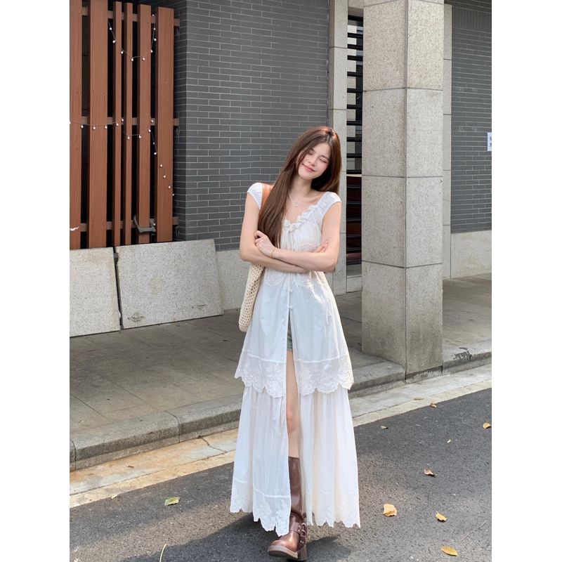 Kumikumi Sweet Style Lace Stitching Embroidery V-neck Dress Women Summer Temperament Waist Hugging Slimming Long Skirt