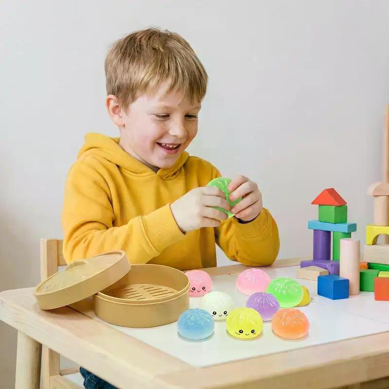 7Pcs Mini Dumplings With Steamer Bun Squeezable Toys Set Soft Stress Relief Crystal Squeeze Fidget Sensory Toy Party Favors Gift