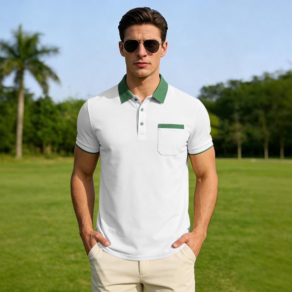 Men’s Short Sleeve Polo Shirt with Collar Pocket Classic Fit Casual Button Down Top