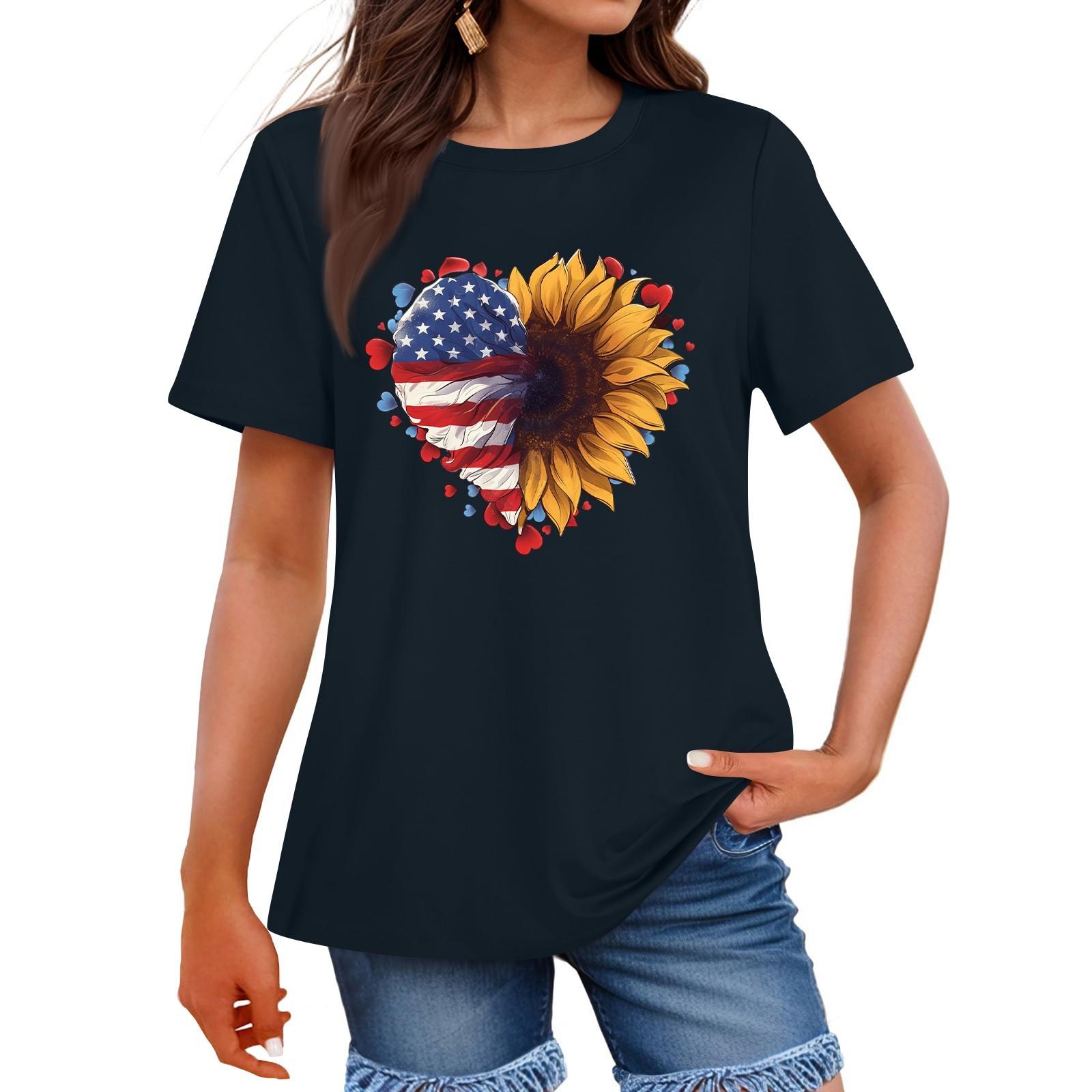 

Женская мода День независимости принт круглый вырез короткий рукав повседневная футболка топ L тёмно-синий