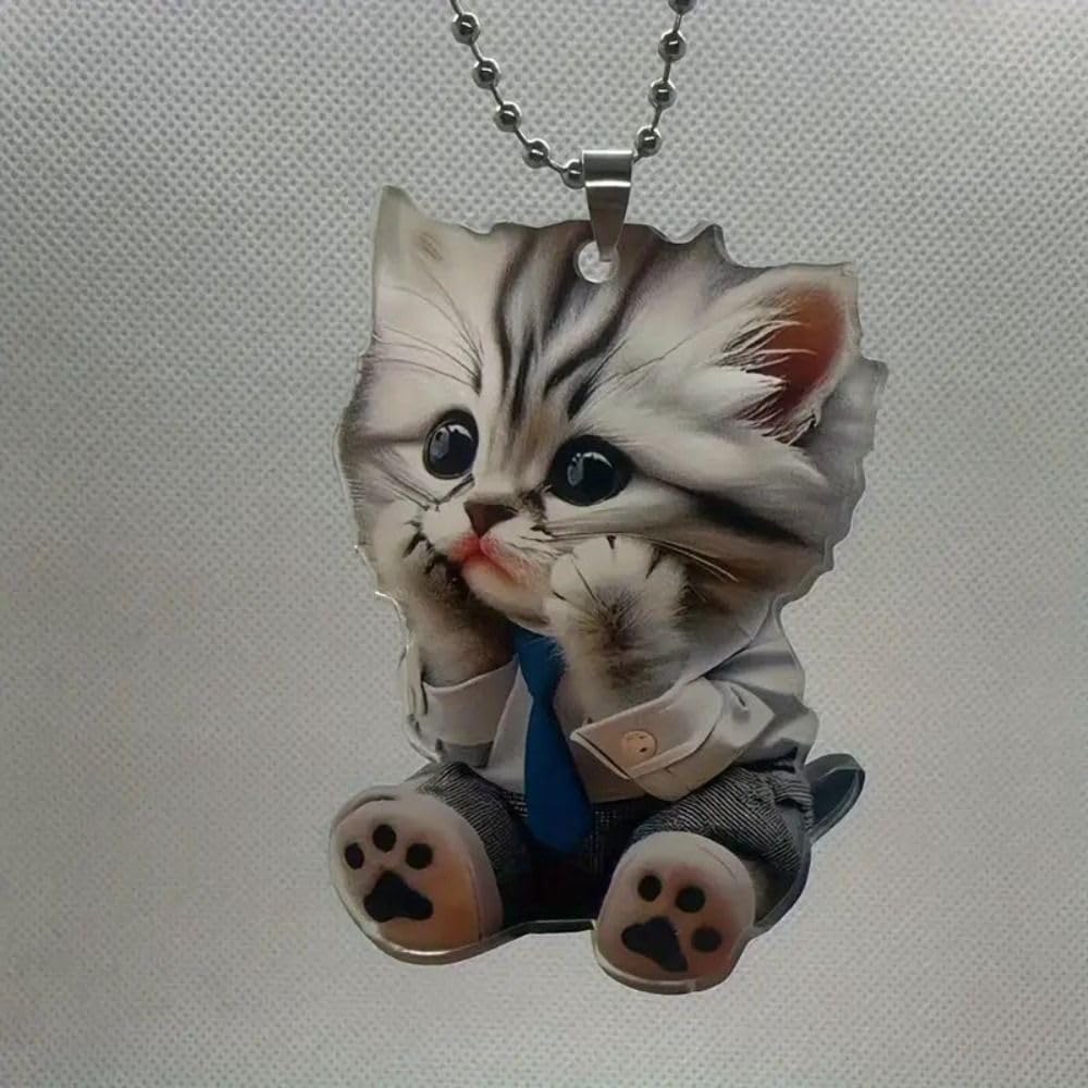 Cat Car Mirror Pendant Car Hanging Ornament Acrylic Rear View Mirror Car Interior Decoration Gift with Cartoon Chain