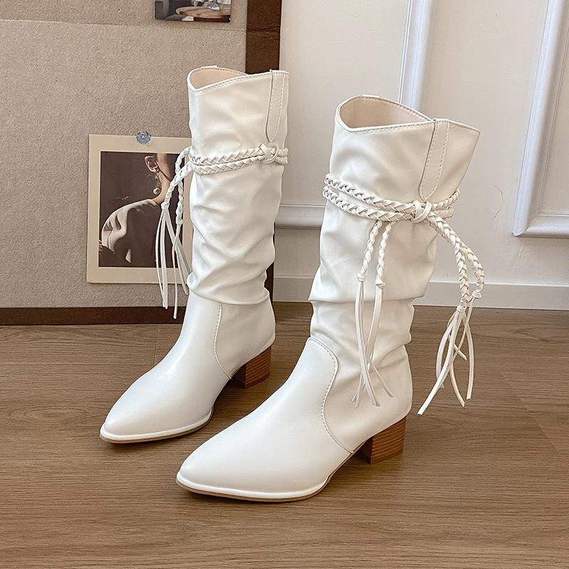 Retro style~ thick heel white heightening pile boots women's twist belt design but knee high boots pointed western boots