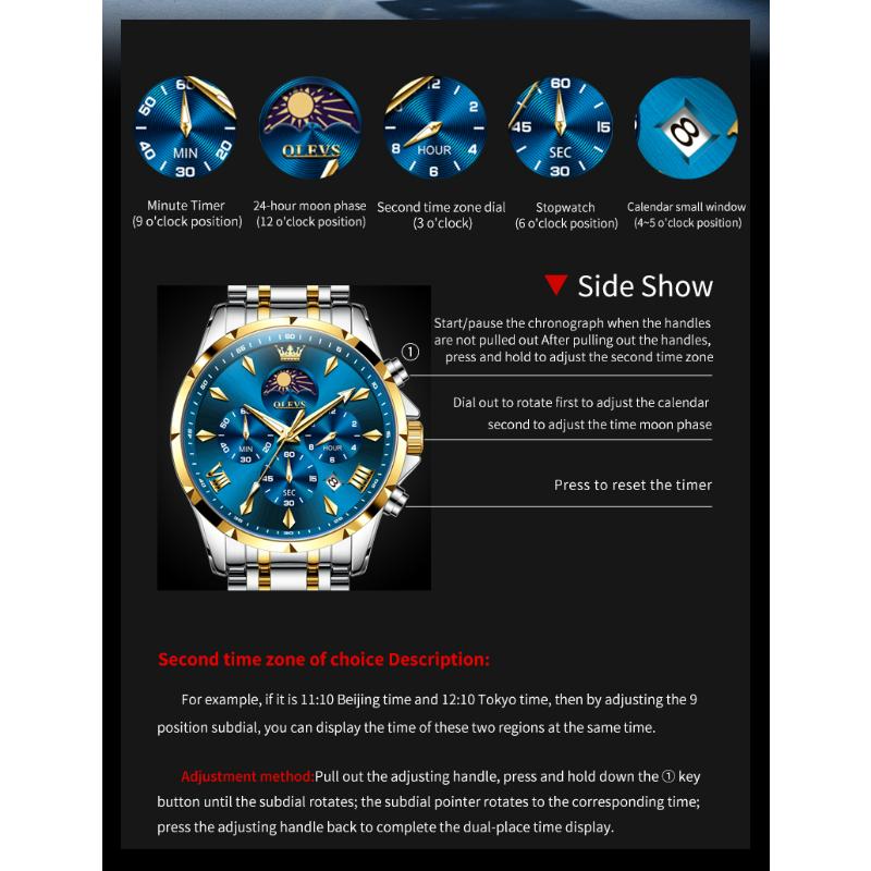 OLEVS Original Chronograph Quartz Watch For Men Moon Phase Stainless Steel Waterproof Man Watch Date Fashion Wrist Watch