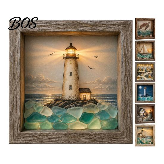 Tabletop Decorative Light Sea Glass Art Painting with LED Light, DIY Mosaic Arts and Craft Kit, Desk Accessory Ocean Themed Beach Kit for Home Office