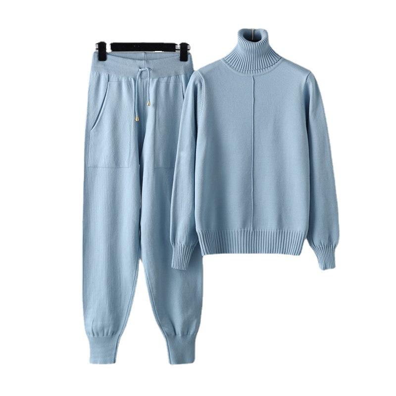 Women's Two Piece Outfits Sweater Sets Turtleneck Knit Pullover Tops and Wide Leg Pants Tracksuit Lounge Matching Set Fall Winter Sweatsuit for Women