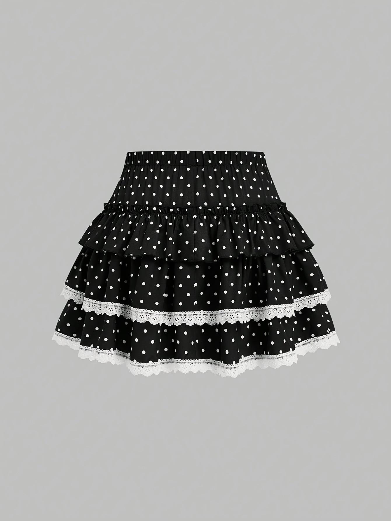 

Sweetheart Patchwork Lace Trim Polka Dot Layered A-line Skirt XL
