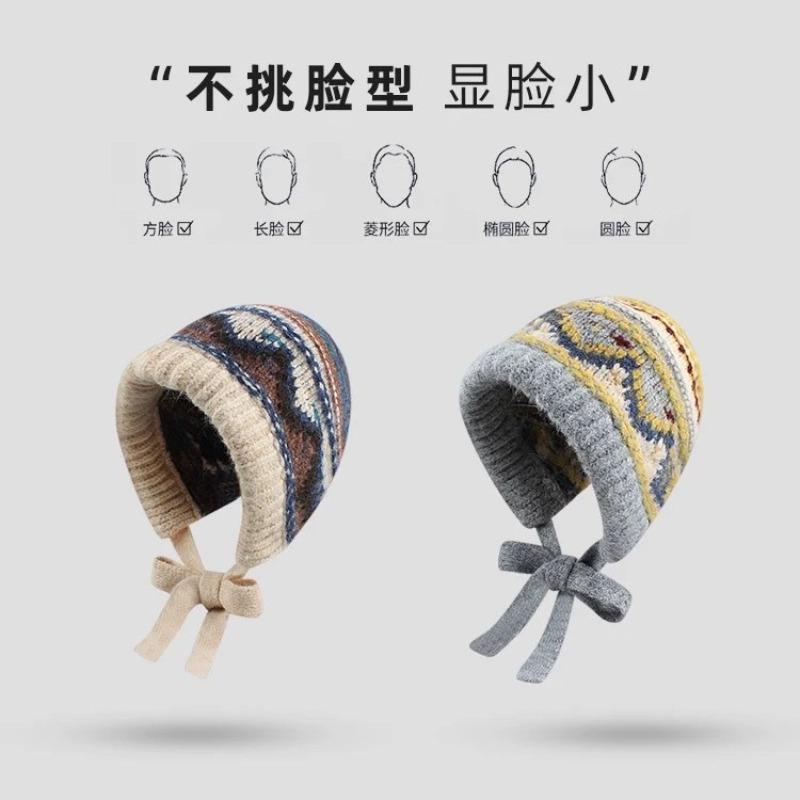 Vintage Fair Isle Mütze Damen Winter Sturmhaube Warm Großer Kopfumfang Winter Gestrickte Wollmütze Ohrenschützer