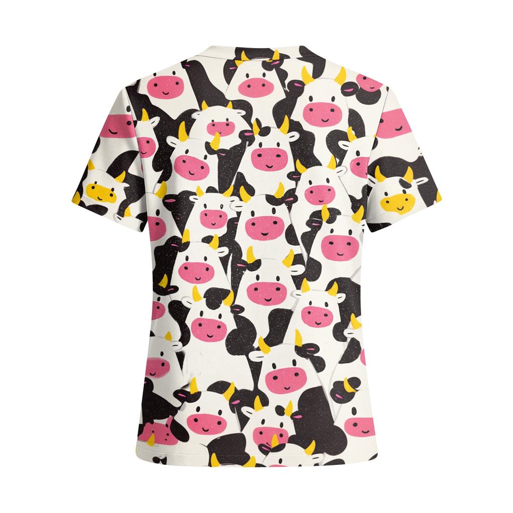 Women's V-Neck Short Sleeve Scrub Top with Pockets, Print Work Shirt, Lightweight Uniform Tunic for