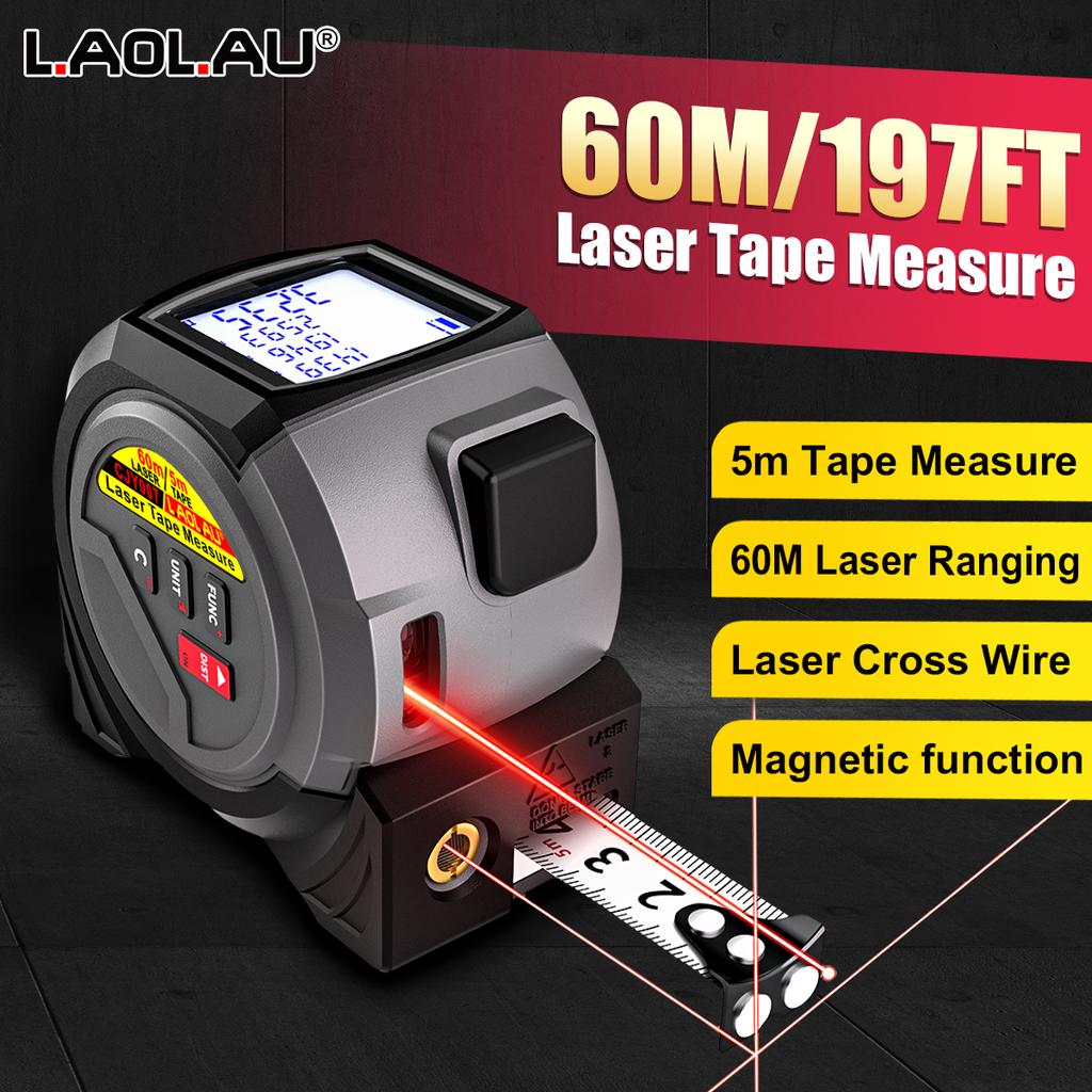 3-In-1 Laser Rangefinder Tape Measure 60M/ 40M/ Handheld Laser Meter Measuring Tool Cross Line Laser Level BUCKLE