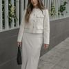 Women Fashion Autumn Winter Single-breasted Textured Round Neck Flip Pocket Short Jacket Coat Chic Ladies Tops Mujer