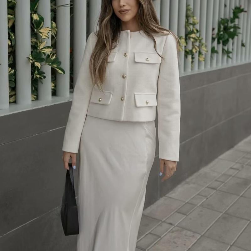 Women Fashion Autumn Winter Single-breasted Textured Round Neck Flip Pocket Short Jacket Coat Chic Ladies Tops Mujer