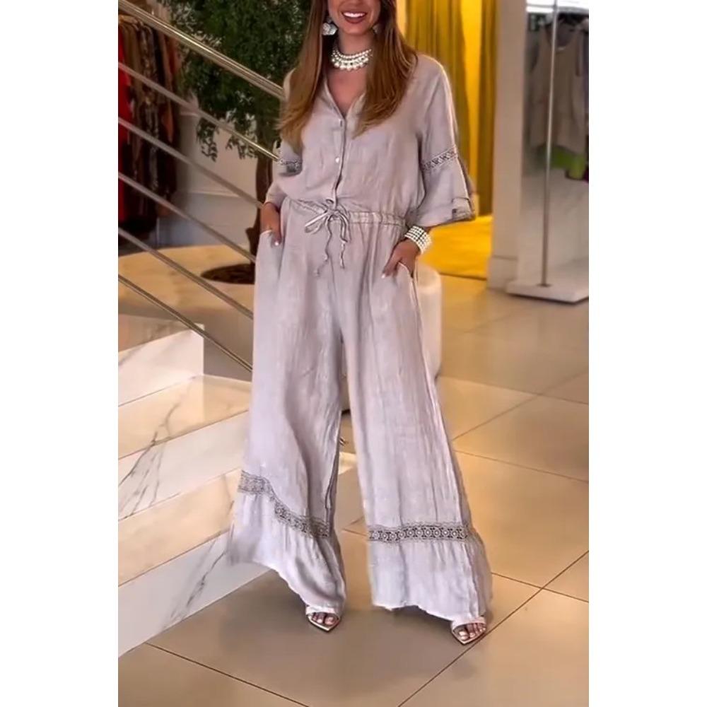 Summer Women's Casual Solid-color Lapel Lotus Leaf Sleeve Mid-waist Pocket Jumpsuit