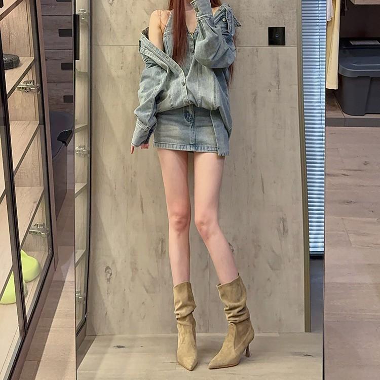 Medium Knight Boots Women's Autumn 2025 New Thin Heel Pointed Short Boots Skinny High Heel Martin Boots Pile Boots