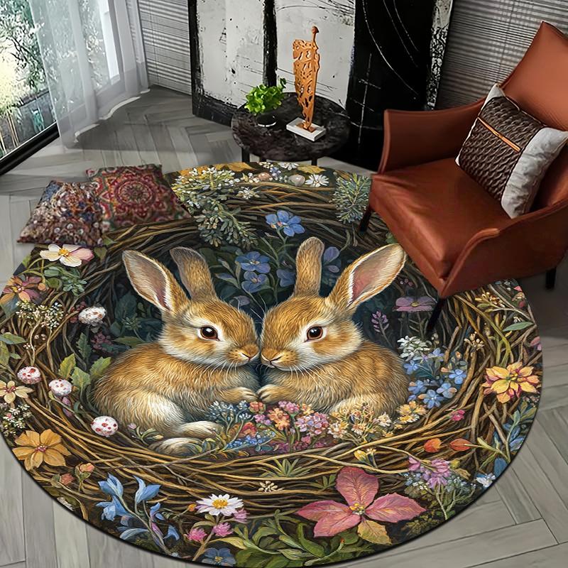 1Pcs Rabbit Floral Round Rug Non-Slip Machine Washable Floor Mat 2D Flat Soft Pastel Area Rug for Living Room Bedroom Easter Decor