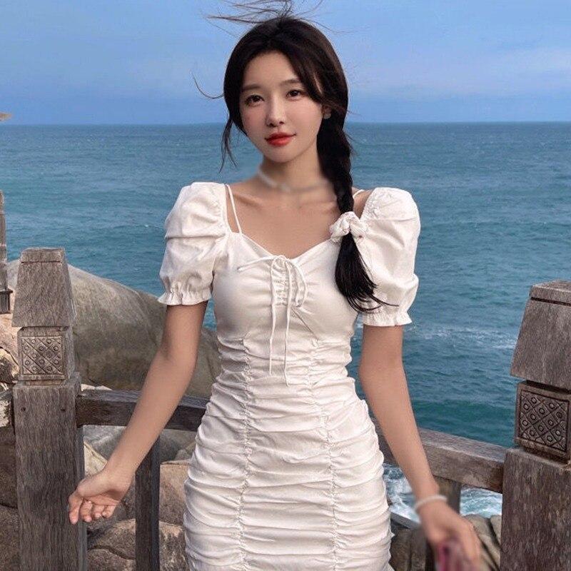 Buy Summer Korean Style Fashion Retro Lady Solid Color Puff Short-Sleeve  Pleated Hip Design Slim Tight Skirt Dress at affordable prices  free  shipping, real reviews with photos  Joom