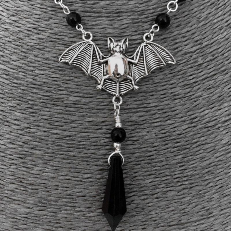 Gothic Wizard Bat Crystal Pendant - Unisex Magic Black Necklace