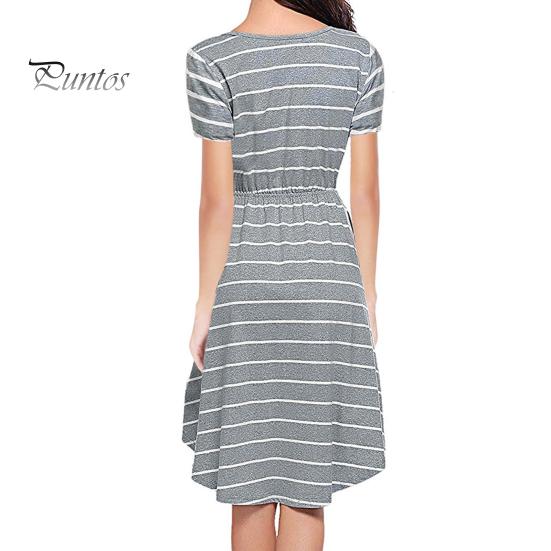 Summer Mother Breastfeeding Dress Openable Front Striped Round Neck Irregular Hem Short Sleeve Pregnant Women Nightdress Midi Dress