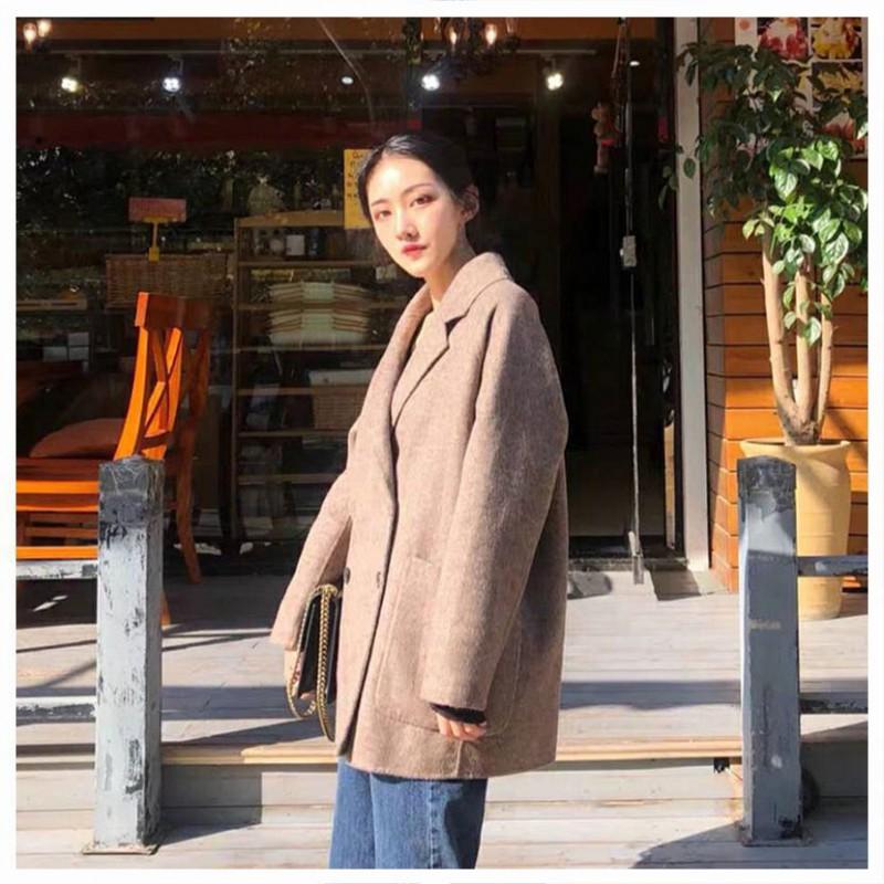 Damen Fischgräten-Wollmischung Mantel Winter Lockerer Oversized Blazer Jacke mit Revers