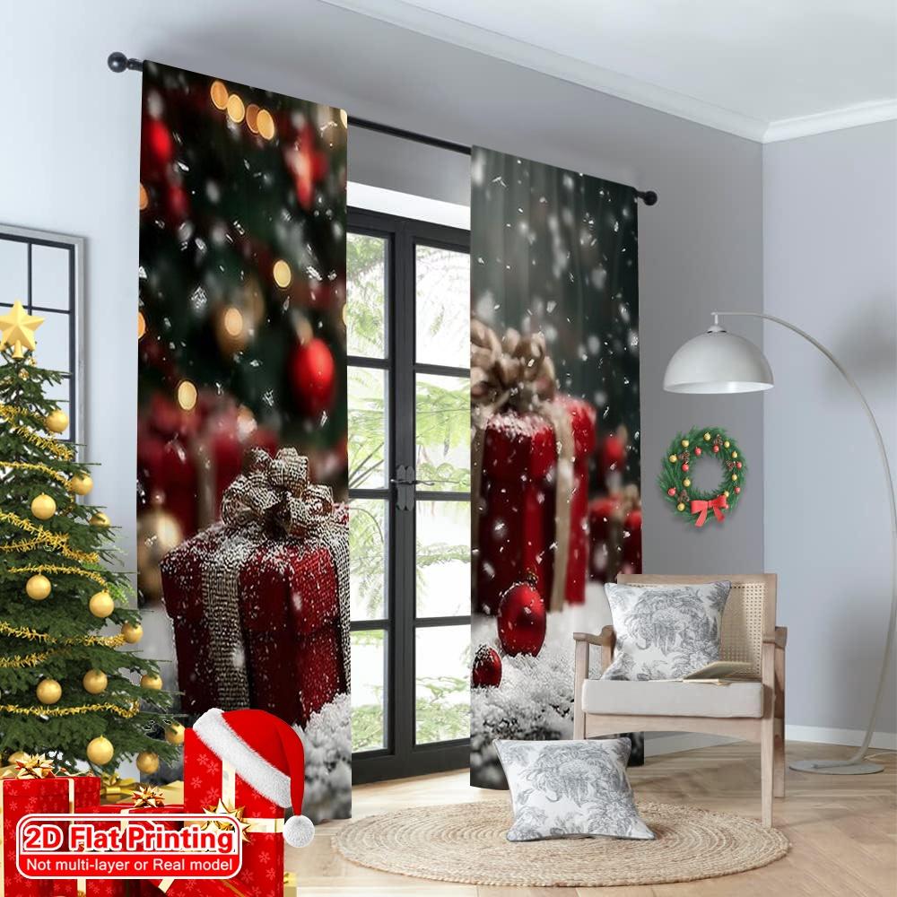 2 Stück 2D Flachdruck Weihnachtsszene Vorhang Weihnachten Schneeflocke Baum Geschenk Vielseitiger Polyesterstoff Ohne Strom