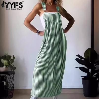 Damenmode Sommer Frühling Streifendruck Ärmellose Hosenträger Lose Taille Freizeitkleider