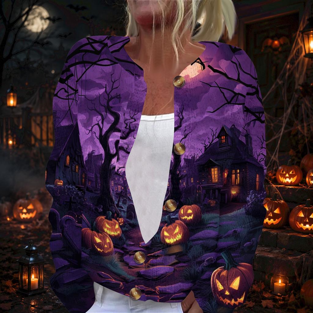 Women's Long Sleeve Knit Cardigan with Halloween Print Button Front for Holiday Party