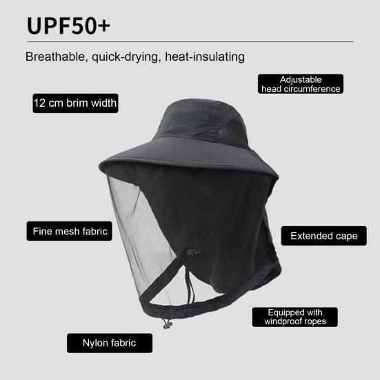Fishing Hat with Veil Mesh Wide Brim Sun Protection Breathable Hat Mosquito-Proof Adjustable Drawstring Hat