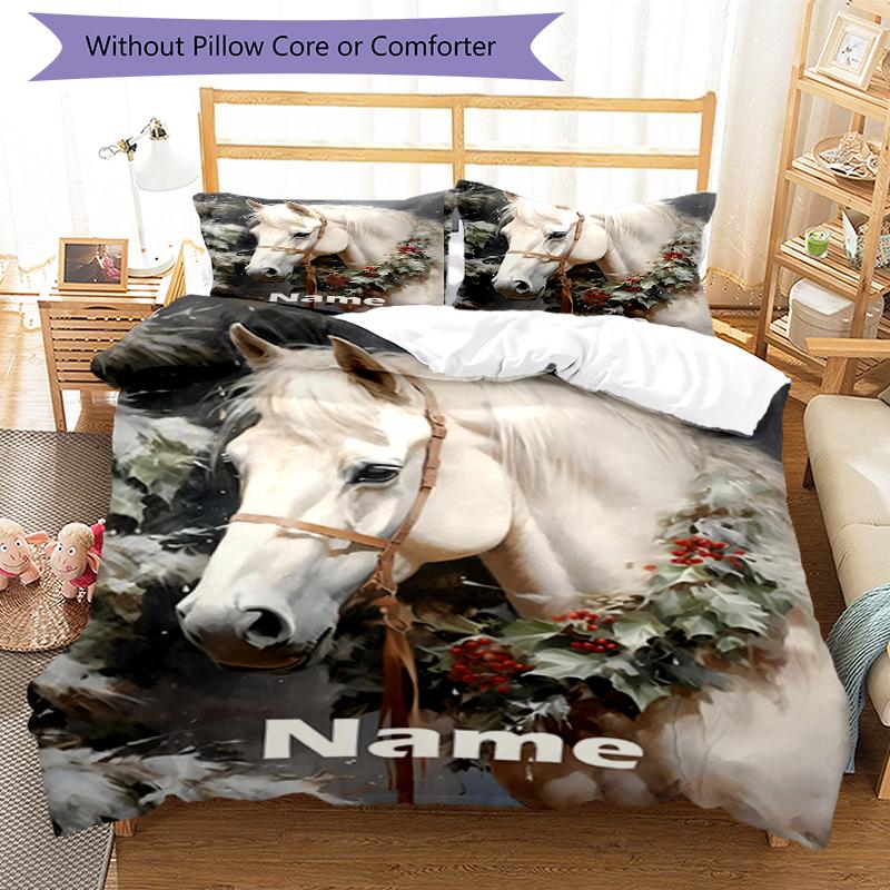 3pcs Custom Name Horse Bedding Set Duvet Cover Closure Includes 1 Duvet Cover & 2 Pillowcases, Soft and Comfortable for All Seasons.
