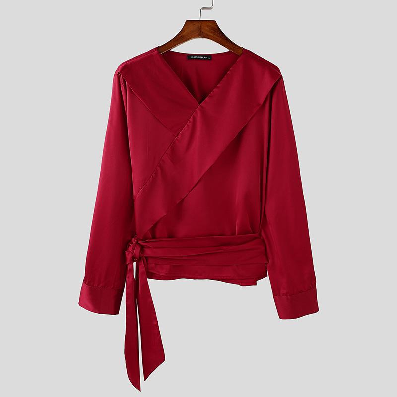 INCERUN Men Long Sleeve Bandage V Neck Front Cross Layer Shirts Tops