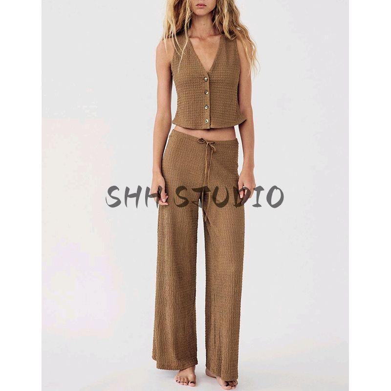 Textured Sleeveless Cardigan Vest Tops 5039277 Straight-leg Loose Comfort and Casual Pants 5039278