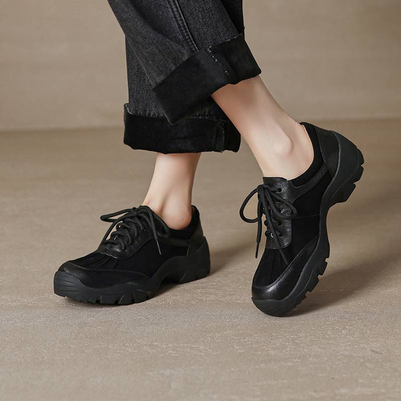 Krazing Pot Suede Round Toe Thick Nottom Lace Up Summer Autumn Leisure Shoes Big Size 42 Women Sneaker
