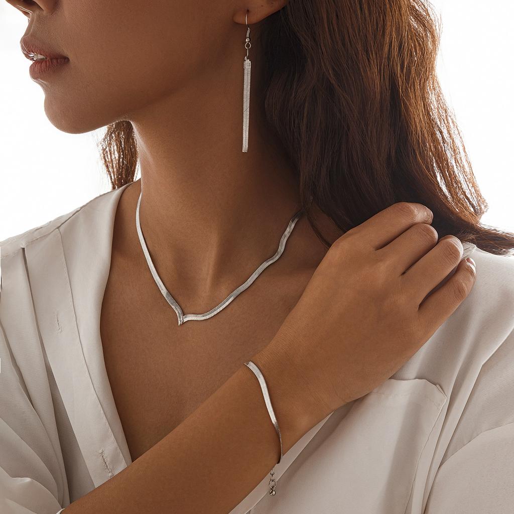 Accessories Hip Hop Wind Flat Snake Bone Chain Necklace, Retro Simple Geometric V-Shaped Necklace Earrings