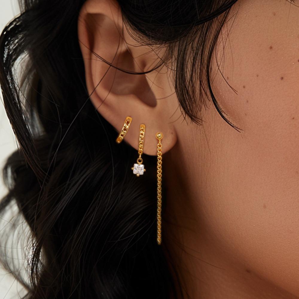 Fashion Jewelry 925 Sterling Silver Round Long Tassel Chain Square Zircon 3 Piece Set Gold Plated Hoop Earring Jewelry for Women
