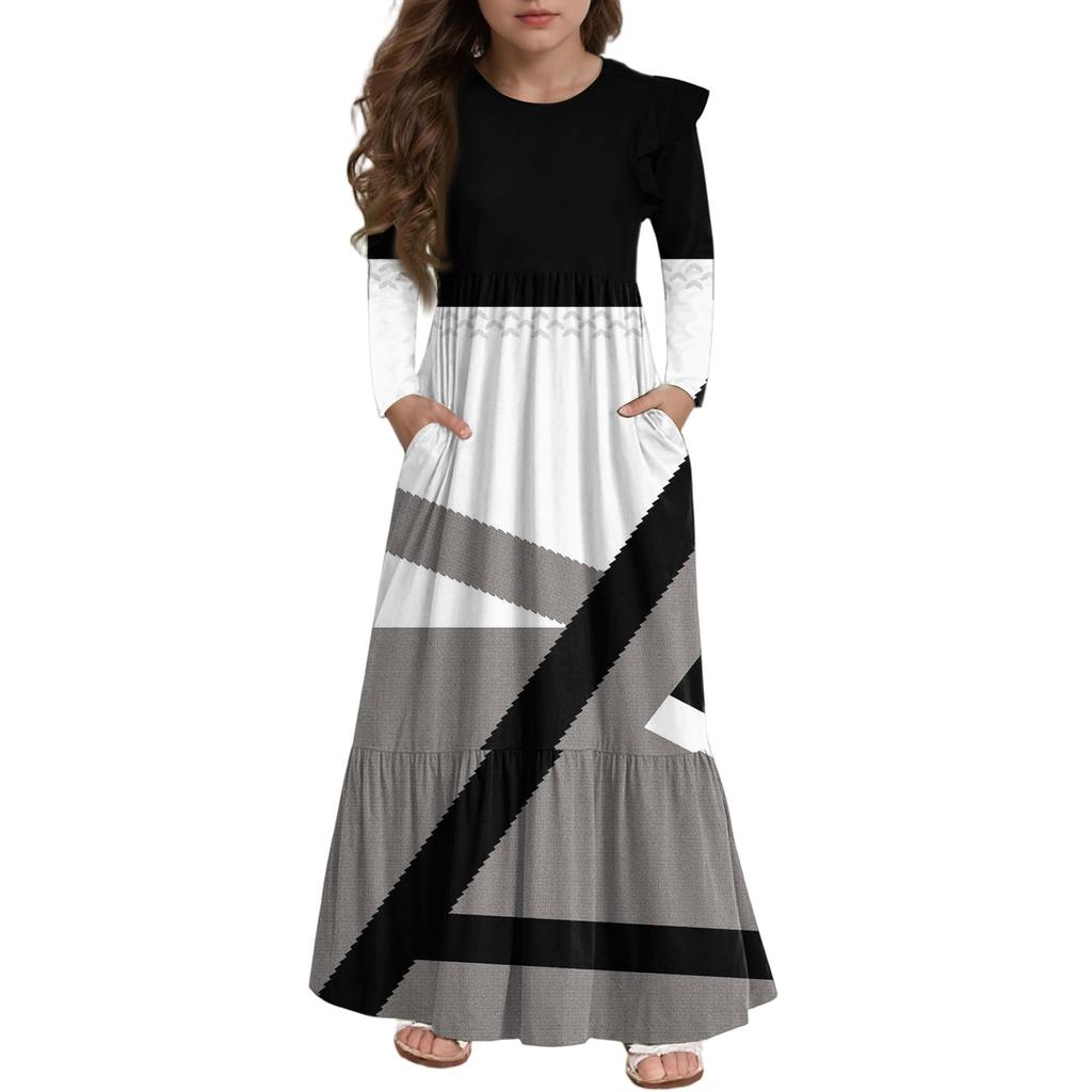 Girls' Tiered Ruffle Dress - Long Sleeve Printed Maxi With Pockets