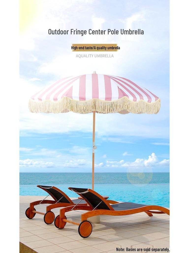 European Style Rotatable Patio Umbrella with Tassel Edge - Wooden Pole and Sunshade for Garden, Beach, Pool, and Terrace