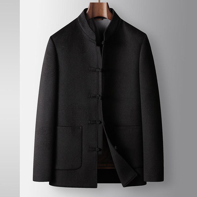 Men's Trendy Chinese Style Stand Collar Wool Coat with Detachable Down Liner, Frog Buttons, Double-Sided Fabric – Perfect for Autumn and Winter.
