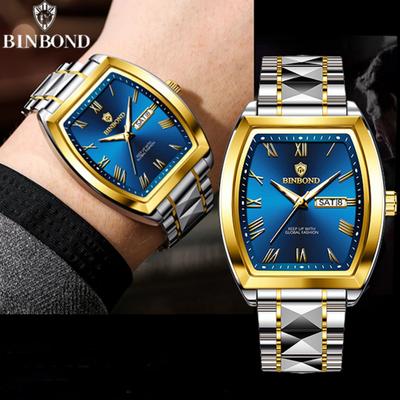 BINBOND B355 Stainless Steel Men Watch Top Quailty Luxury Push Button Hidden Clasp Waterproof Luminous Date Week Sport Men Watch