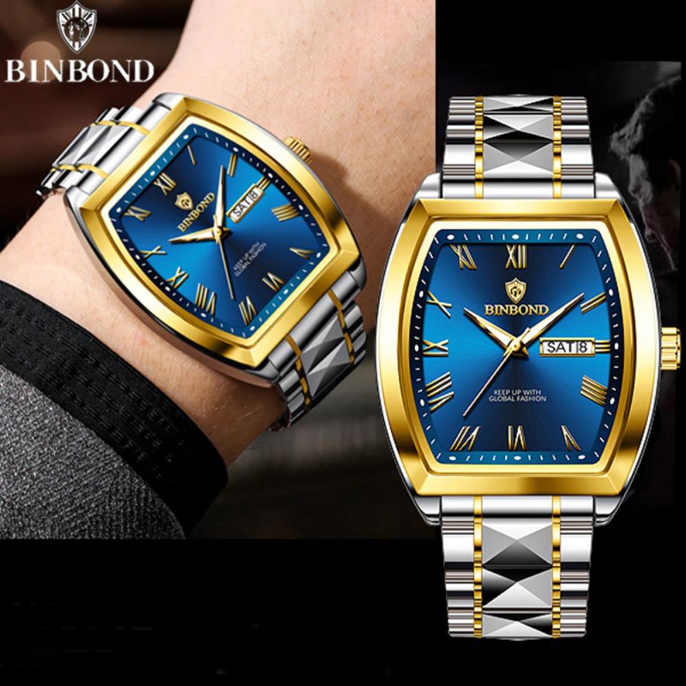 BINBOND B355 Stainless Steel Men Watch Top Quailty Luxury Push Button Hidden Clasp Waterproof Luminous Date Week Sport Men Watch
