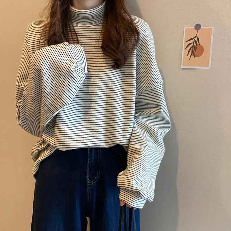 

Зимняя женская полосатая футболка с воротником-стойкой, бархатная футболка с длинным рукавом, элегантный пуловер, свободный корейский стиль, универсальные топы XXXL белый