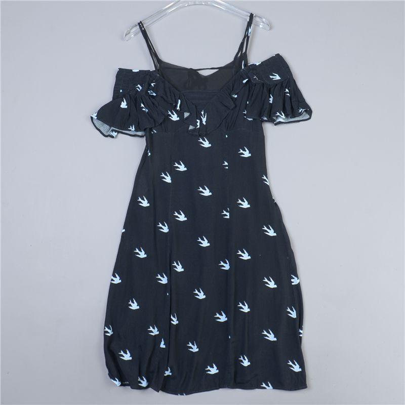 

119 Vest Suspender Skirt + Rayon Print Dress Two-piece Set Pack 78501 off-Shoulder Short Sleeve Ruffles Mid Skirt 1 Black Two-piece set 38