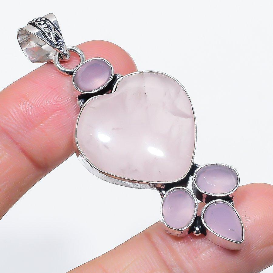 Natural Rose Quartz, Chalcedony 925 Sterling Silver Jewelry Pendant 2.40" O9G10